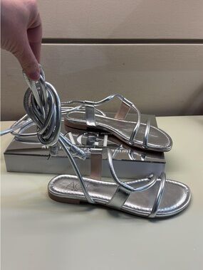 Agl made in Italy metallic Silver leather Lace-Up Flat Sandals NWT